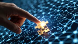 Mano humana colocando una pieza dorada en una red digital azul, representando el humanismo digital y el pensamiento crítico completando a la inteligencia artificial.