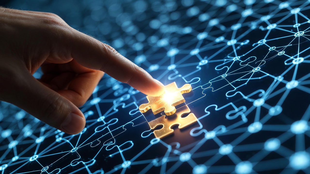 Mano humana colocando una pieza dorada en una red digital azul, representando el humanismo digital y el pensamiento crítico completando a la inteligencia artificial.