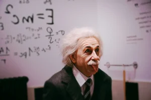 Figura de cera de Einstein sacando la lengua junto a la ecuación E=mc²: la inteligencia humana frente a la inteligencia artificial
